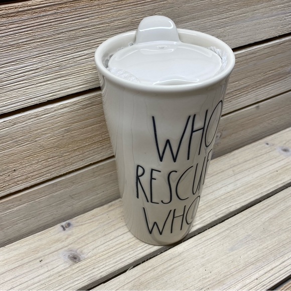 Rae Dunn “Who Rescued Who?” Ceramic travel mug NWOT - Picture 3 of 8